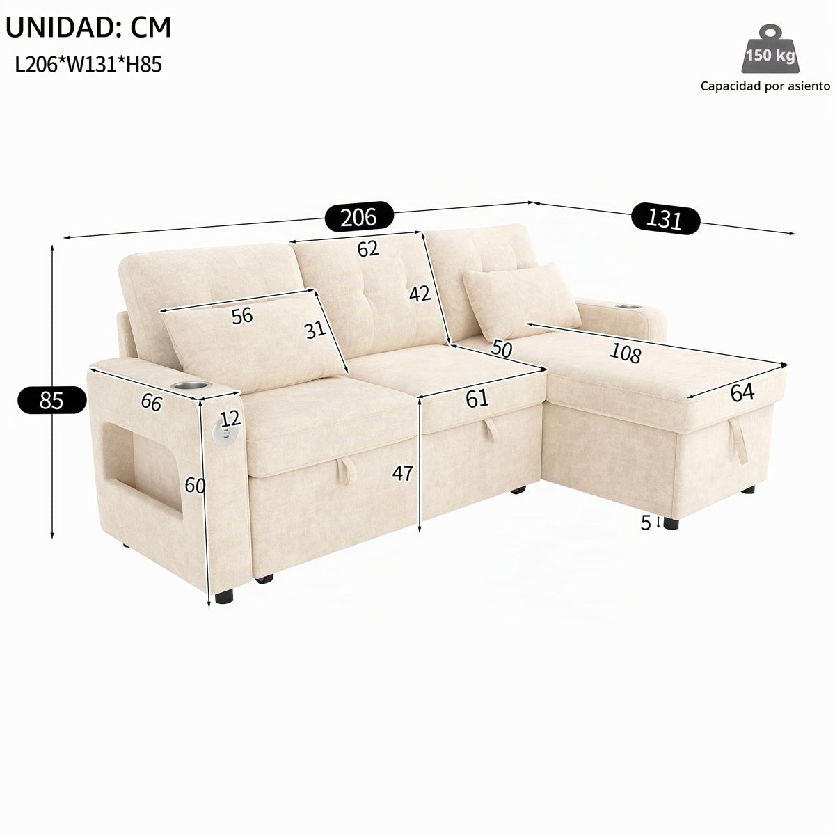 Sapgaks Sofá de esquina convertible de 6 plazas con USB, sofá convertible de 6 plazas, sofá de 6 plazas, en chenilla, con apoyabrazos en forma de librería, puf extraíble para configuraciones en L y en