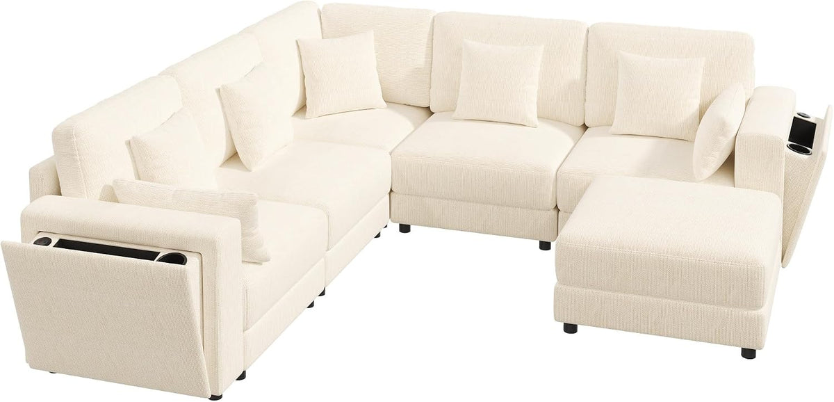 Sofá modular de 6 plazas, sofá esquinero en forma de L/U, puertos USB/tipo C, portavasos y espacio de almacenamiento, tela de chenilla, 7 cojines, salón, dormitorio y oficina, color beige