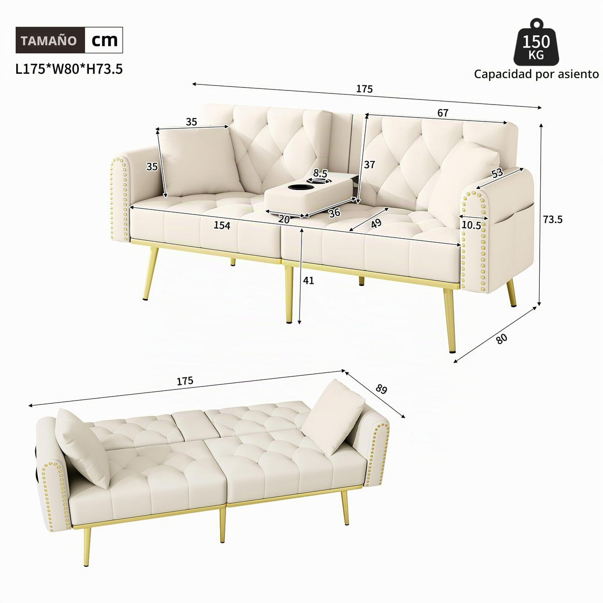 Azkoeesy Sofá cama de 2 plazas con soporte para bebidas, 175 cm, sofá cama con función de dormir, respaldo ajustable en 3 posiciones, patas metálicas doradas y remaches, para sala de estar y cine en