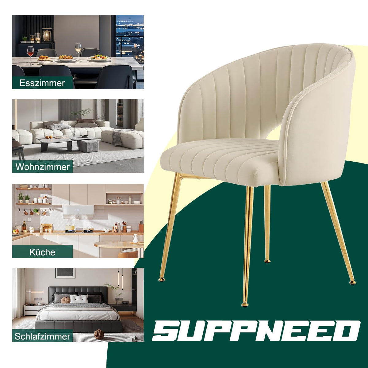 Juego de 6 sillas de comedor de terciopelo, sillas tapizadas con reposabrazos, patas doradas, sillas de cocina, para salón, dormitorio, oficina (6, blanco crema)