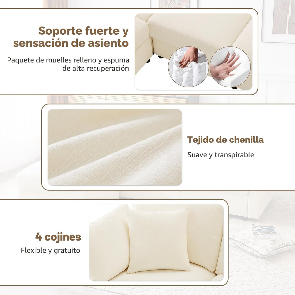 Sofá cama convertible de 3 plazas, sofá esquinero en forma de L con reposapiés, 4 almohadas, reposabrazos ajustables, cómoda tela de chenilla, adecuado para sala de estar, oficina, apartamento