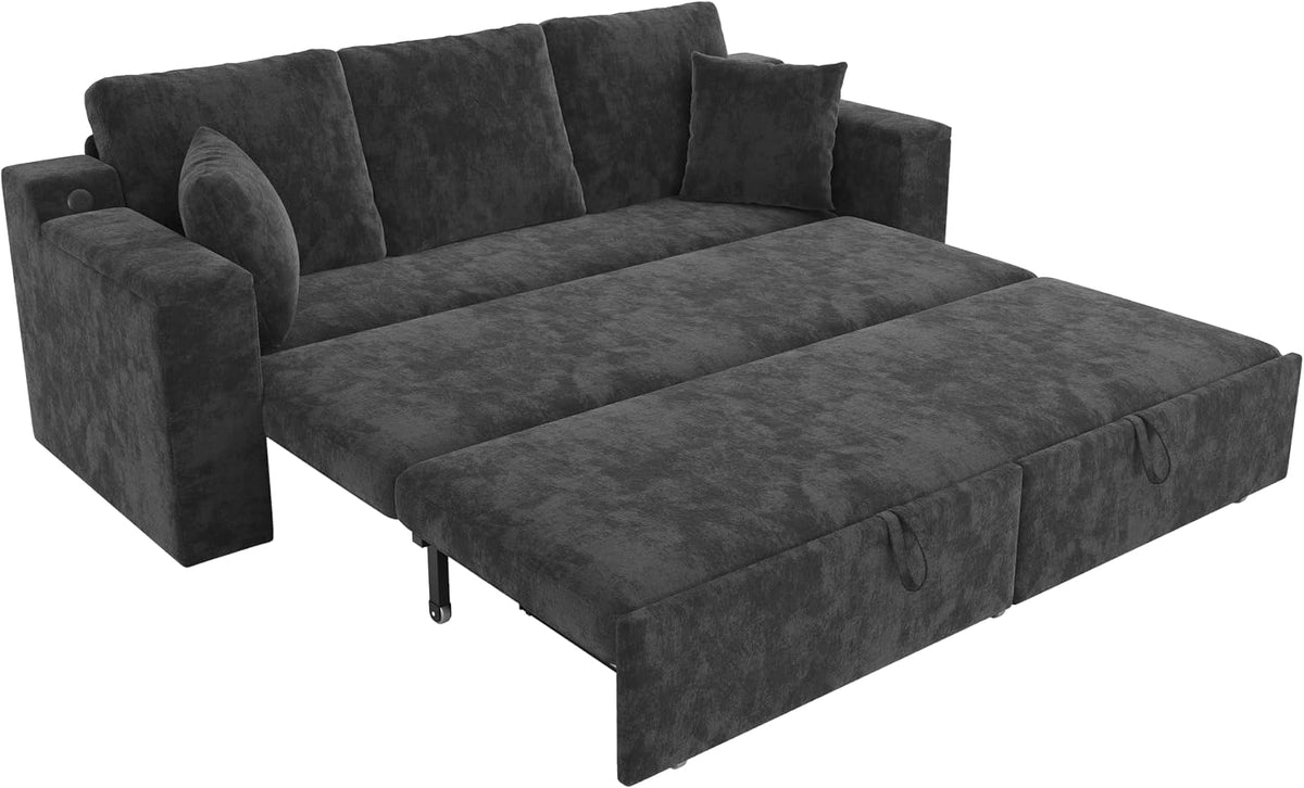 Sofá cama de 210 cm, multifuncional, 3 plazas, con función de dormir, sofá cama extensible, sofá con espacio de almacenamiento, reposabrazos y puerto de carga USB, para salón y dormitorio, color