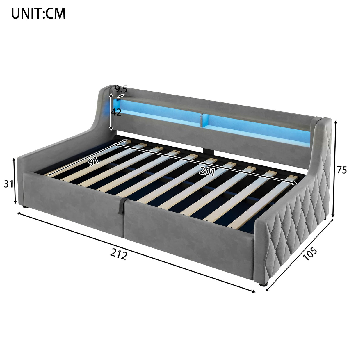 Cama con plataforma de terciopelo 90 x 200 cm, con espacio de almacenamiento hidráulico e iluminación LED (color crema, 90 x 200 cm)