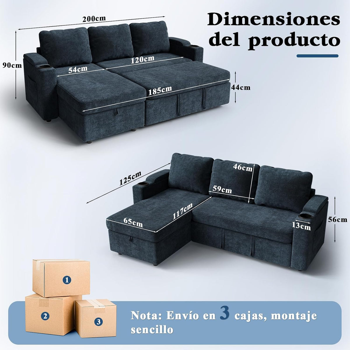 Devoko Sofá Cama L 3 plazas Azul Marino con almacén y portavasos, sofá Convertible Suave para salón y Piso, multifunción con Brazos amplios y Gran almacenaje