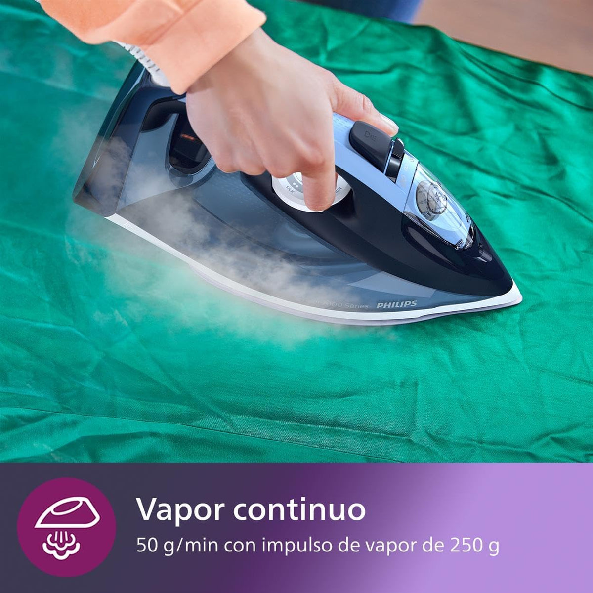 Philips Azur Series 7000 Plancha de vapor - 2800 W, 50 g/min de vapor continuo, 250g de golpe de vapor, vapor vertical, suela SteamGlide Plus, Louros/Algodón Azul (DST7020/20)