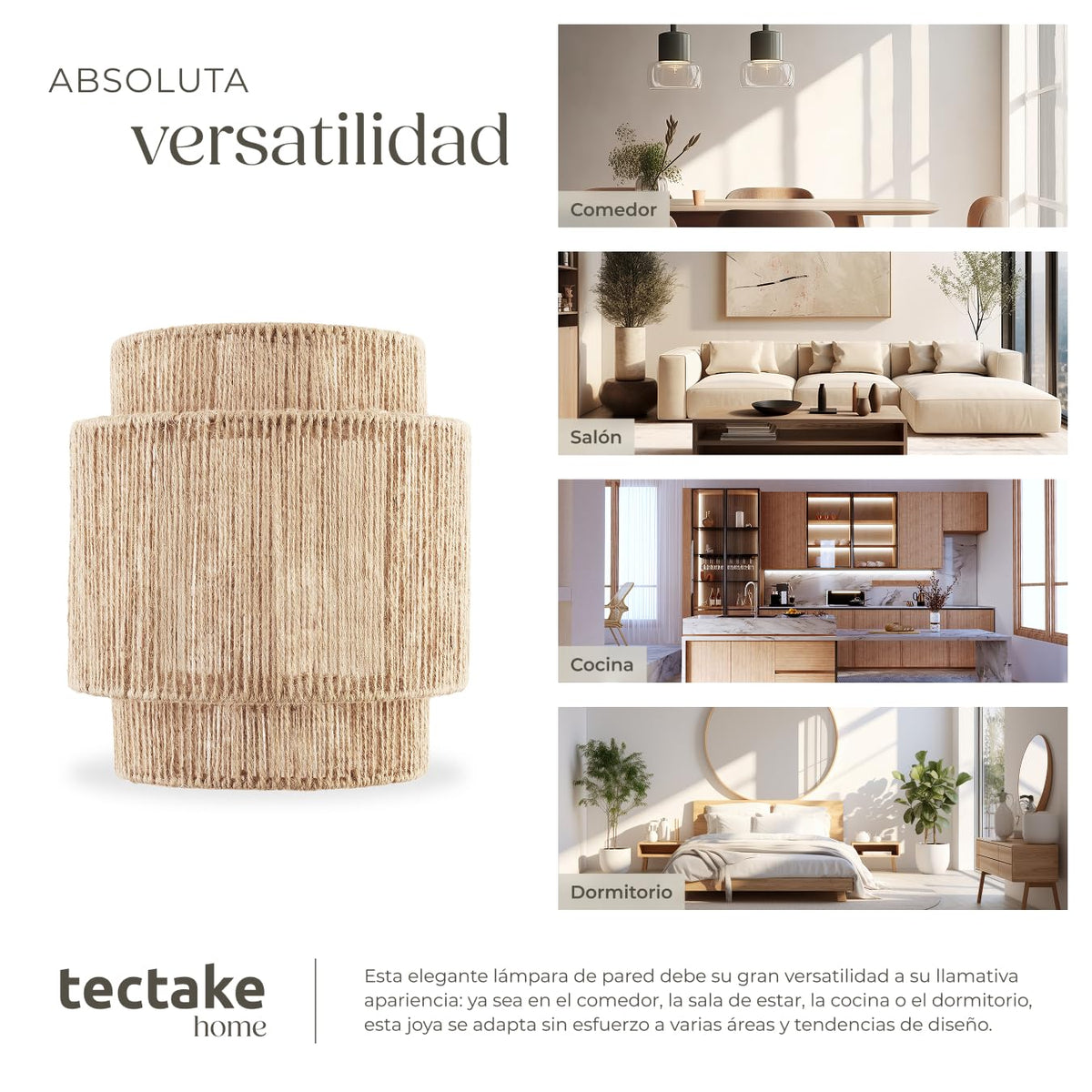 tectake® Lampara Techo Dormitorio Boho Artesanal en Yute Sostenible con Estructura de Acero, Lámpara de Techo Colgante Salón 40 W, Lampara Salon, Plafon - 45 x 45 x 27,5 cm