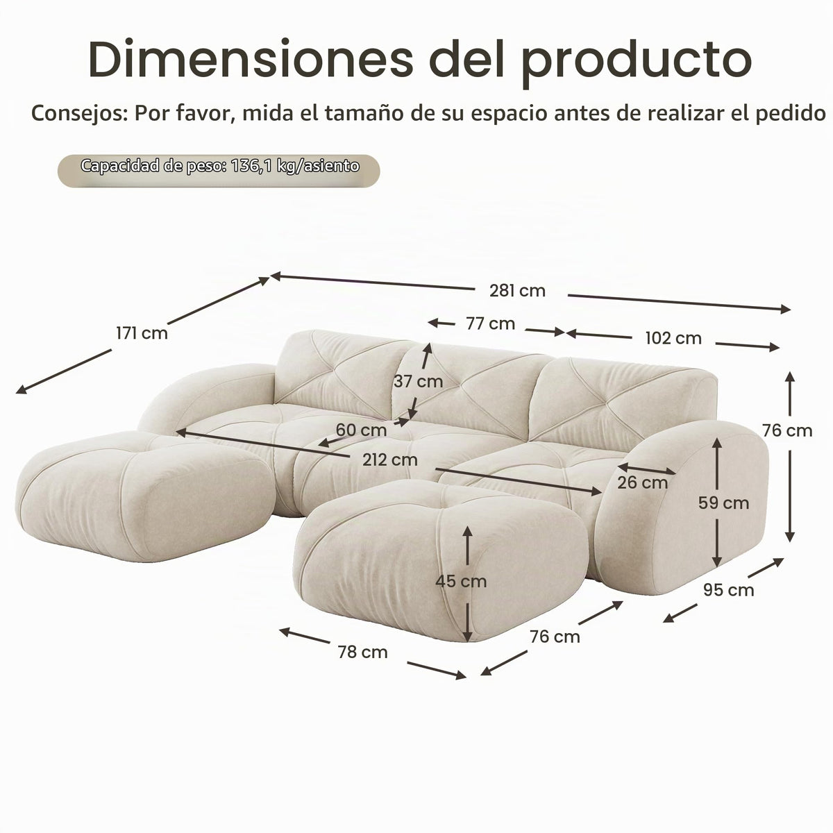 Sofá de esquina en forma de L de 4 plazas con reposapiés, sofá modular Cloud sin marcos de chenilla, sofá de estar suave, antideslizante, combinable de forma flexible, sin montaje, salón color