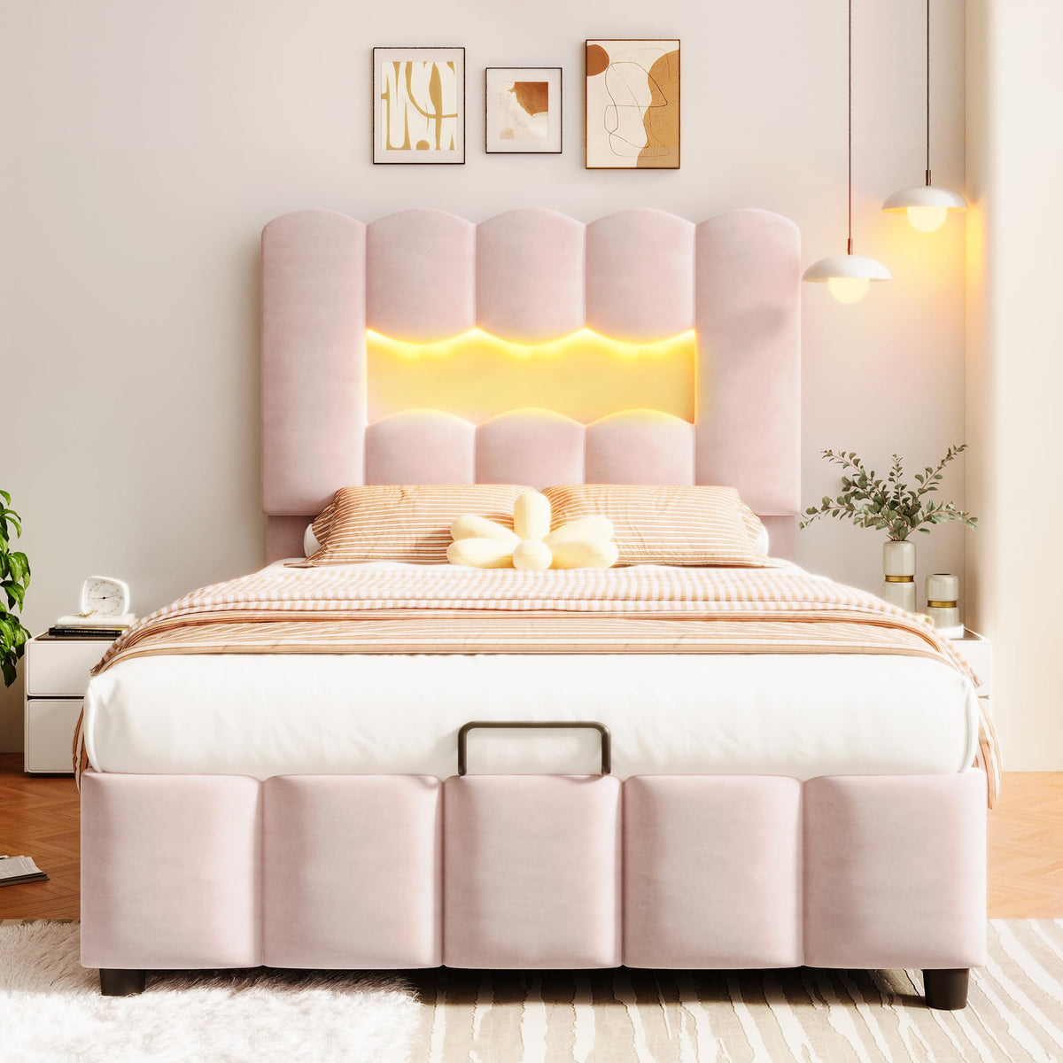 Kebnor Cama tapizada con somier, luz ambiental con mando a distancia, diseño de princesa heredera, material PU, color rosa (sin colchón) (140 x 200 cm)