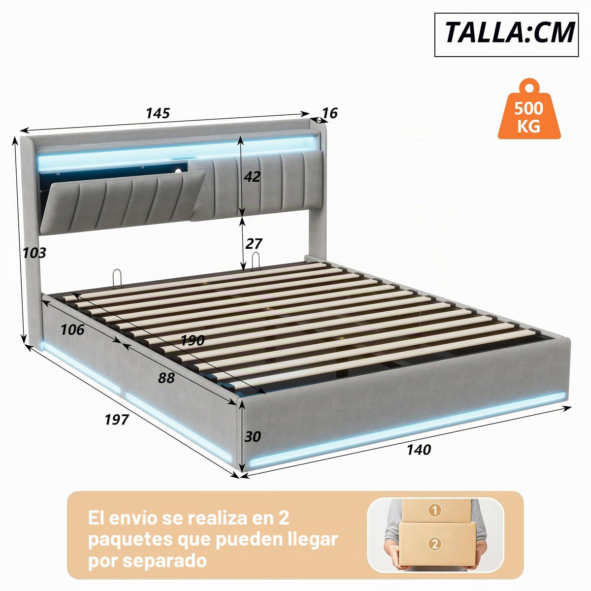 Cama tapizada de 160 x 200 cm, cama doble LED con espacio de almacenamiento, cabecero y función de carga USB C, cama de almacenamiento hidráulico, respaldo con somier de láminas de madera
