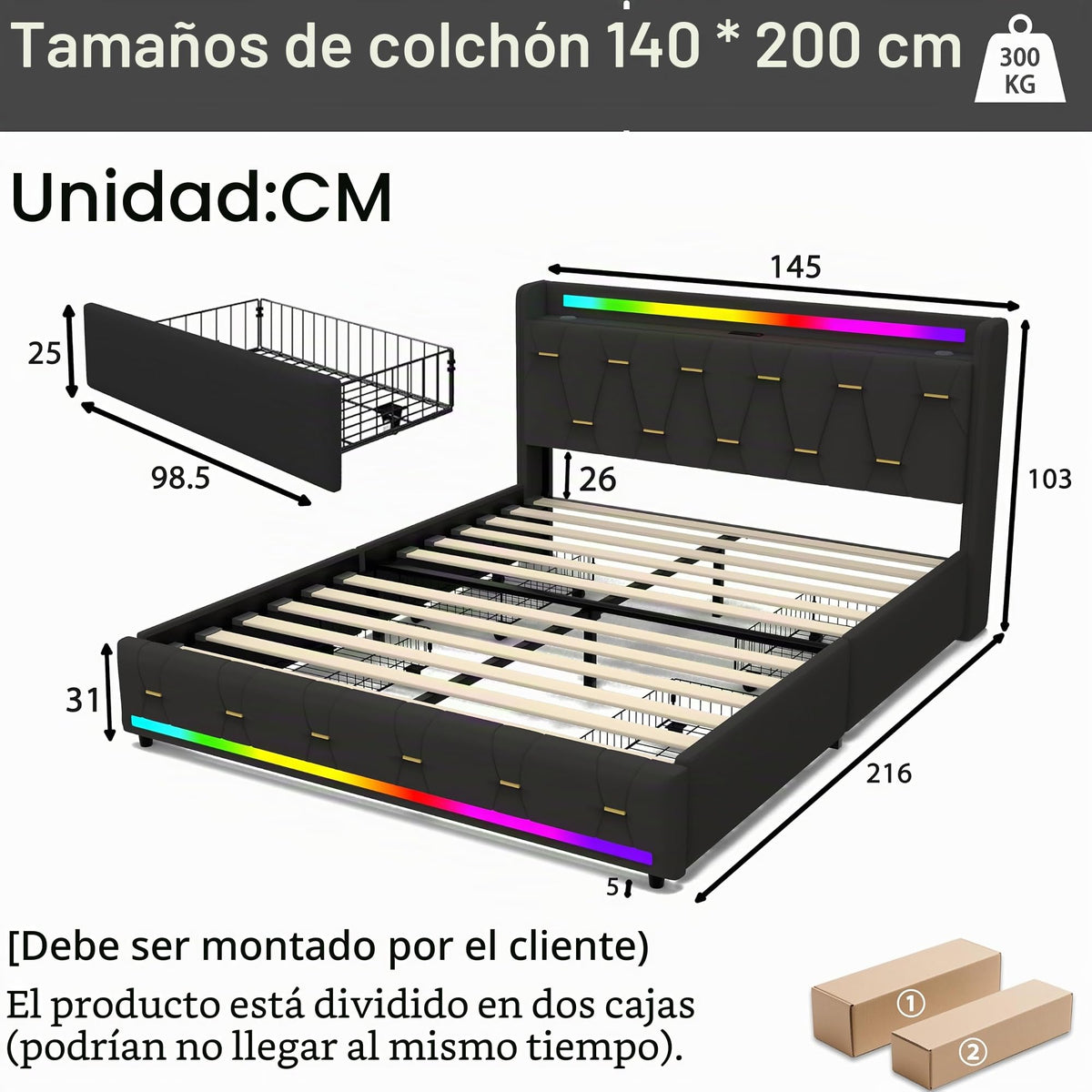 Estructura de Cama de Cuero 160x200cm con Carga USB Type-C, Blanco