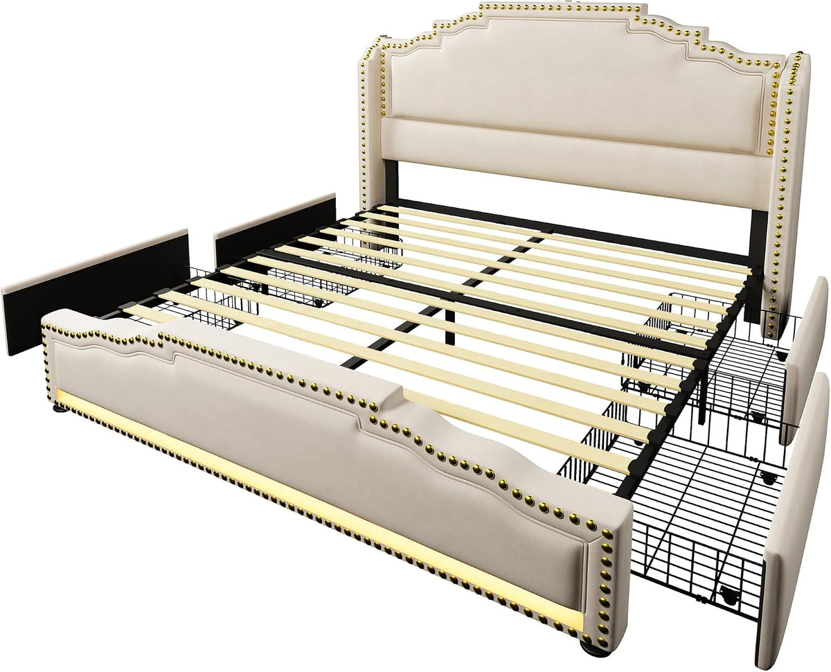 Cama tapizada de 160 x 200 cm, cama doble con 4 cajones, iluminación LED y puerto de carga USB-C, cama de almacenamiento y cama juvenil con somier, terciopelo, beige, sin colchón