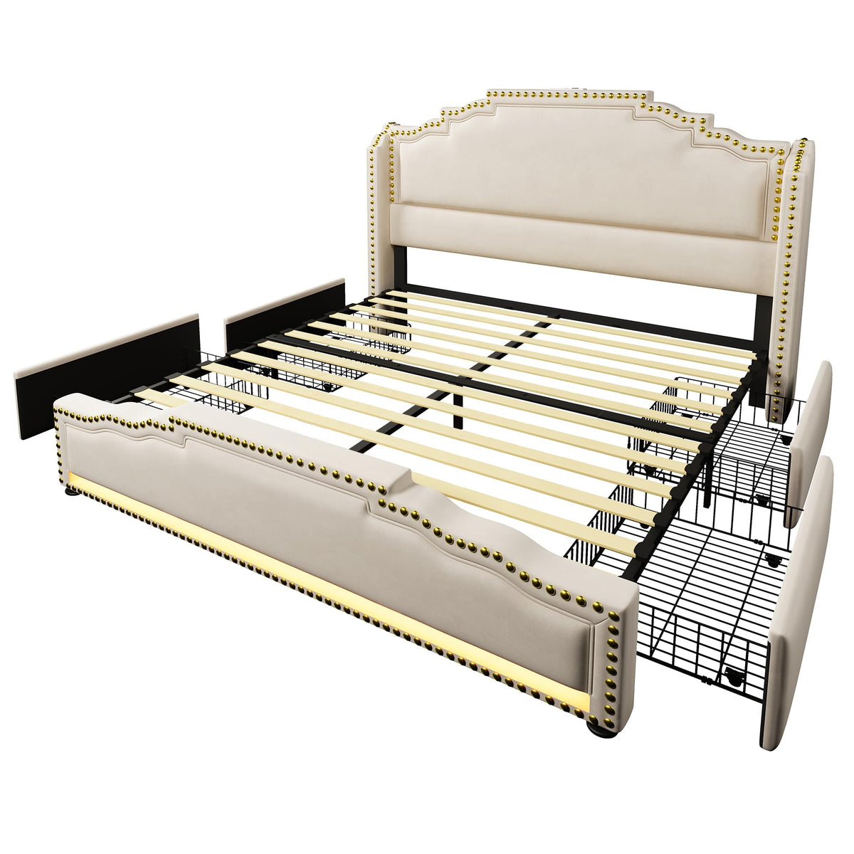 Cama tapizada de 160 x 200 cm, cama doble con 4 cajones, iluminación LED y puerto de carga USB-C, cama de almacenamiento y cama juvenil con somier, terciopelo, beige, sin colchón