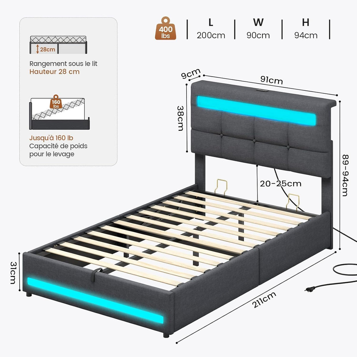 AOGLLATI Camas Matrimoniales 140x190 cm con Almacenamiento Hidráulico, Cama Canapé con Cabecero Ajustable, Estructura de Cama con Luces LED y Estación de Carga (USB y Tipo-C), Gris Oscuro