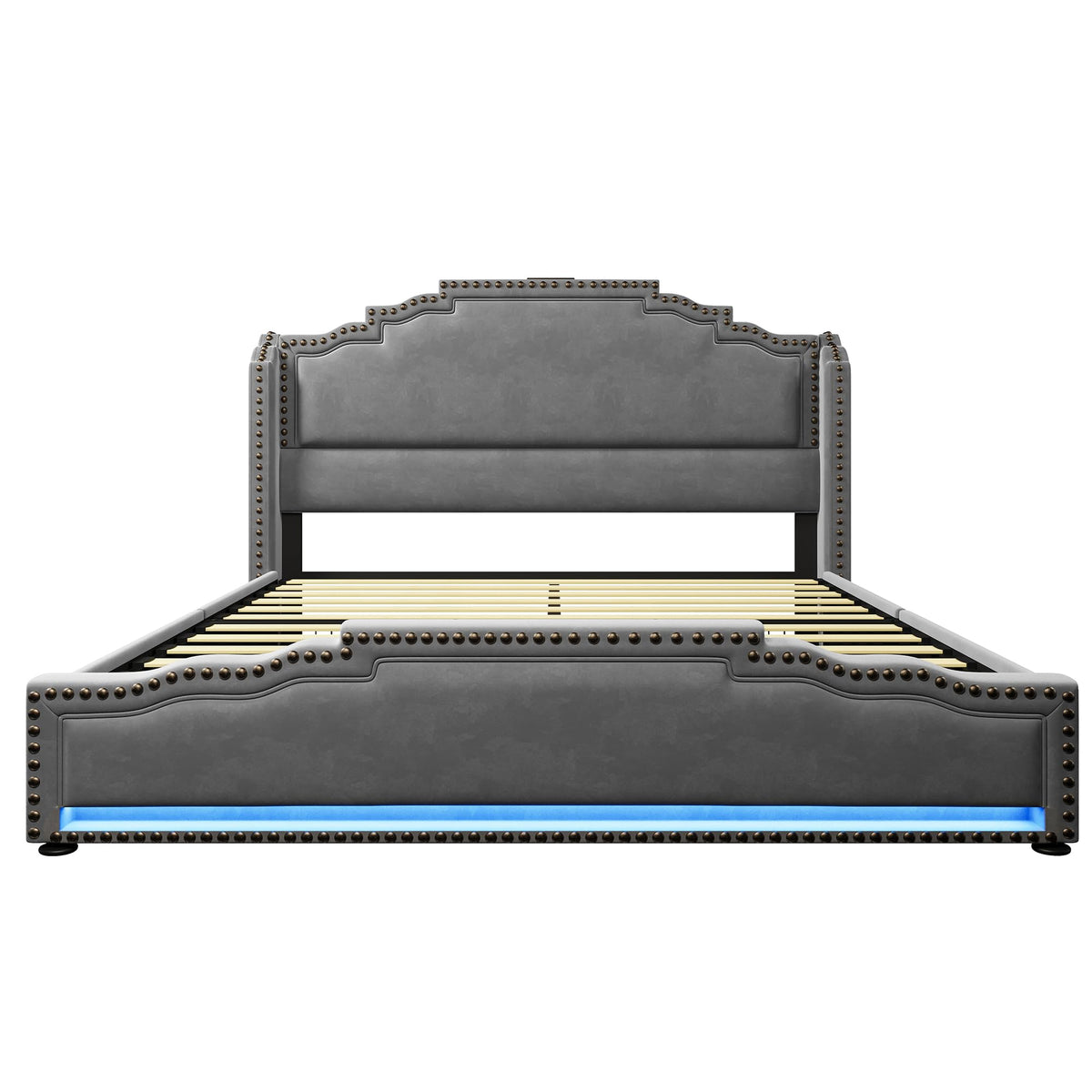 Cama tapizada de 160 x 200 cm, cama doble con 4 cajones, iluminación LED y puerto de carga USB-C, cama de almacenamiento y cama juvenil con somier, terciopelo, beige, sin colchón