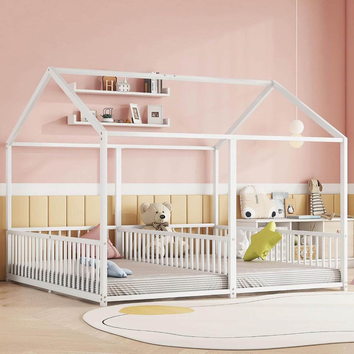 Cama infantil de 90 x 200 cm, dos camas de 90 cm con protección anticaídas, cama doble con modelado de casa, marco de hierro, color blanco, ideal para 2 niños