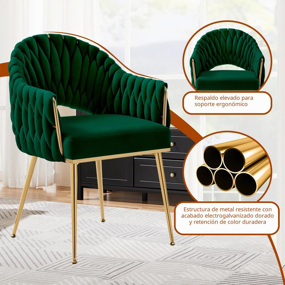 Juego de 4 sillas de comedor de terciopelo, sillones de salón, sillas de comedor con reposabrazos, sillas de cocina con respaldo alto trenzado a mano, silla de tocador con patas doradas