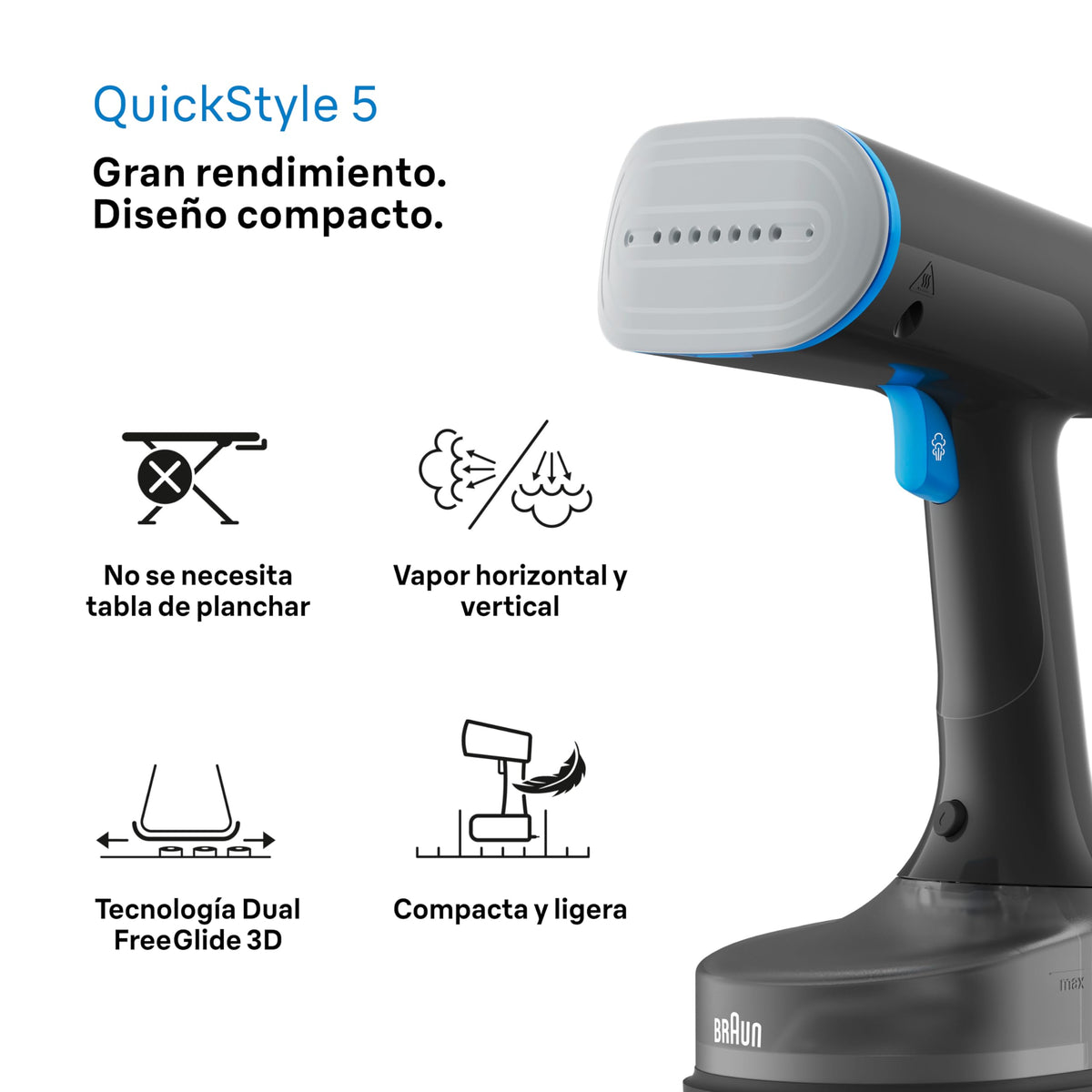 Braun QuickStyle 5 GS5011PU, Plancha Vertical con Doble Placa FreeGlide 3D, Steamer Vertical con Calentamiento Rápido, Vapor 22 g/min, Capacidad 150 ml, 1200W, Blanco/Violeta