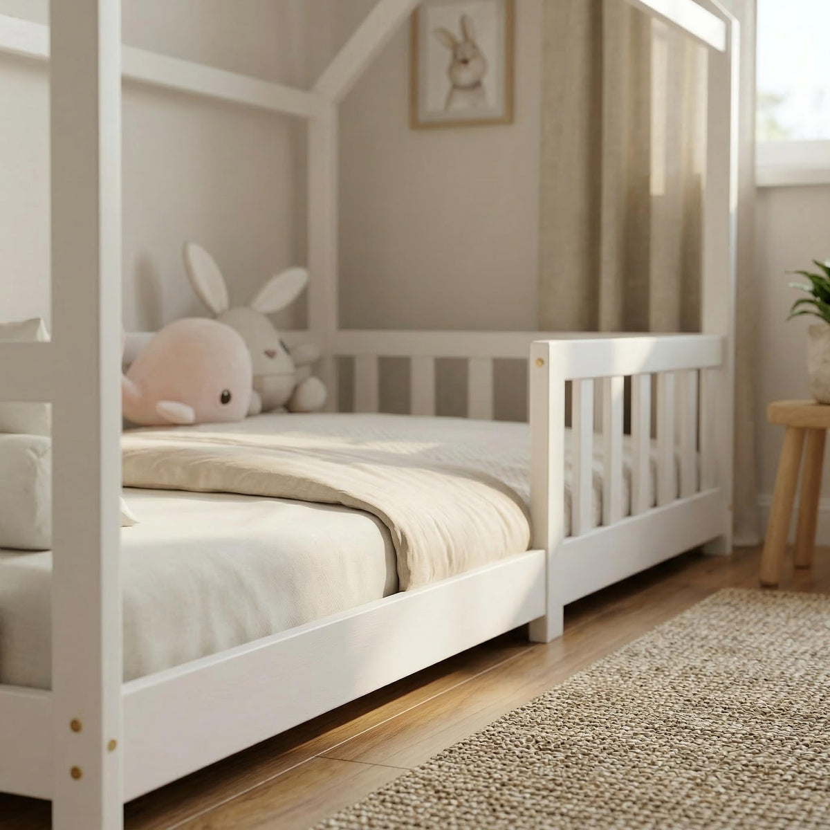 ecomi® Cama Infantil con Protección Anticaídas, Blanco, 80x160 cm