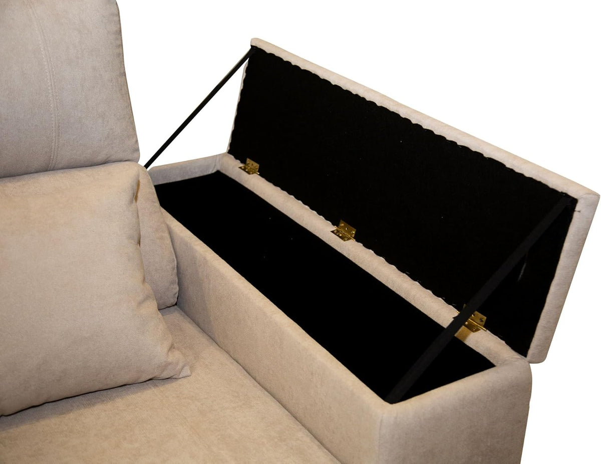 Sofá Chaise Longue Corsa Moderno y Contemporáneo | Confort Máximo con Asientos Deslizantes y Respaldos Reclinables | Tela Antimanchas Aqualine, Arcón de Almacenaje, Hecho en España – Beige Derecha