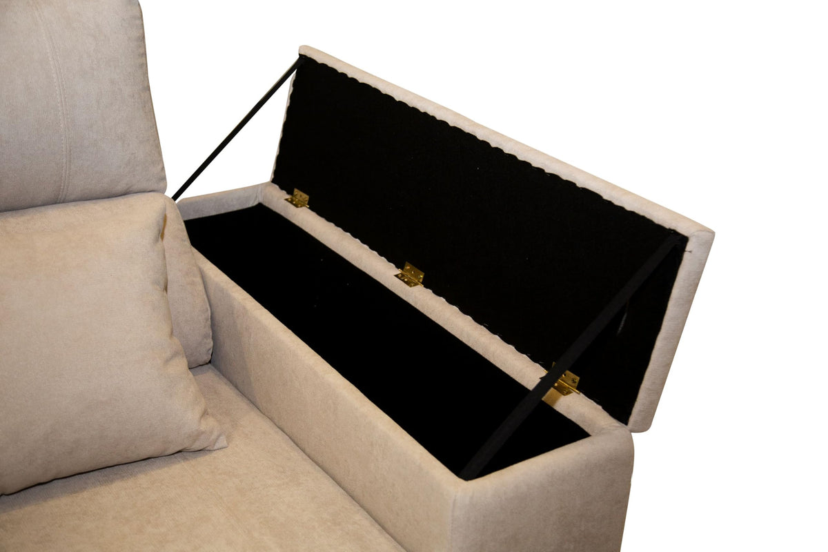 Sofá Chaise Longue Corsa Moderno y Contemporáneo | Confort Máximo con Asientos Deslizantes y Respaldos Reclinables | Tela Antimanchas Aqualine, Arcón de Almacenaje, Hecho en España – Beige Derecha