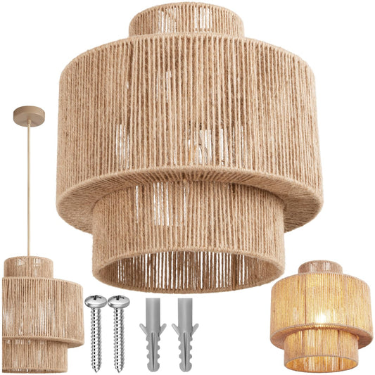 tectake® Lampara Techo Dormitorio Boho Artesanal en Yute Sostenible con Estructura de Acero, Lámpara de Techo Colgante Salón 40 W, Lampara Salon, Plafon - 45 x 45 x 27,5 cm