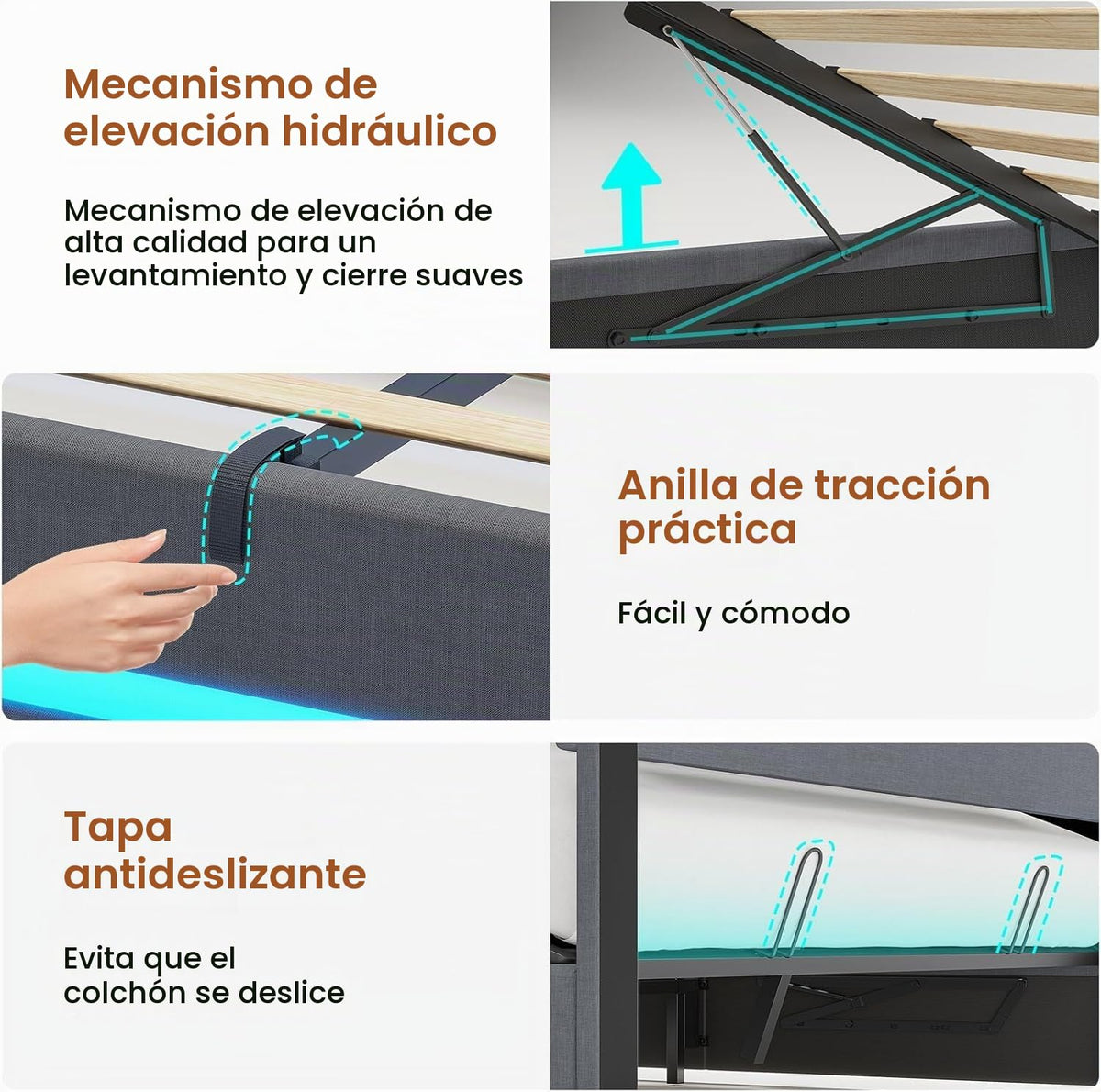 AOGLLATI Camas Matrimoniales 140x190 cm con Almacenamiento Hidráulico, Cama Canapé con Cabecero Ajustable, Estructura de Cama con Luces LED y Estación de Carga (USB y Tipo-C), Gris Oscuro