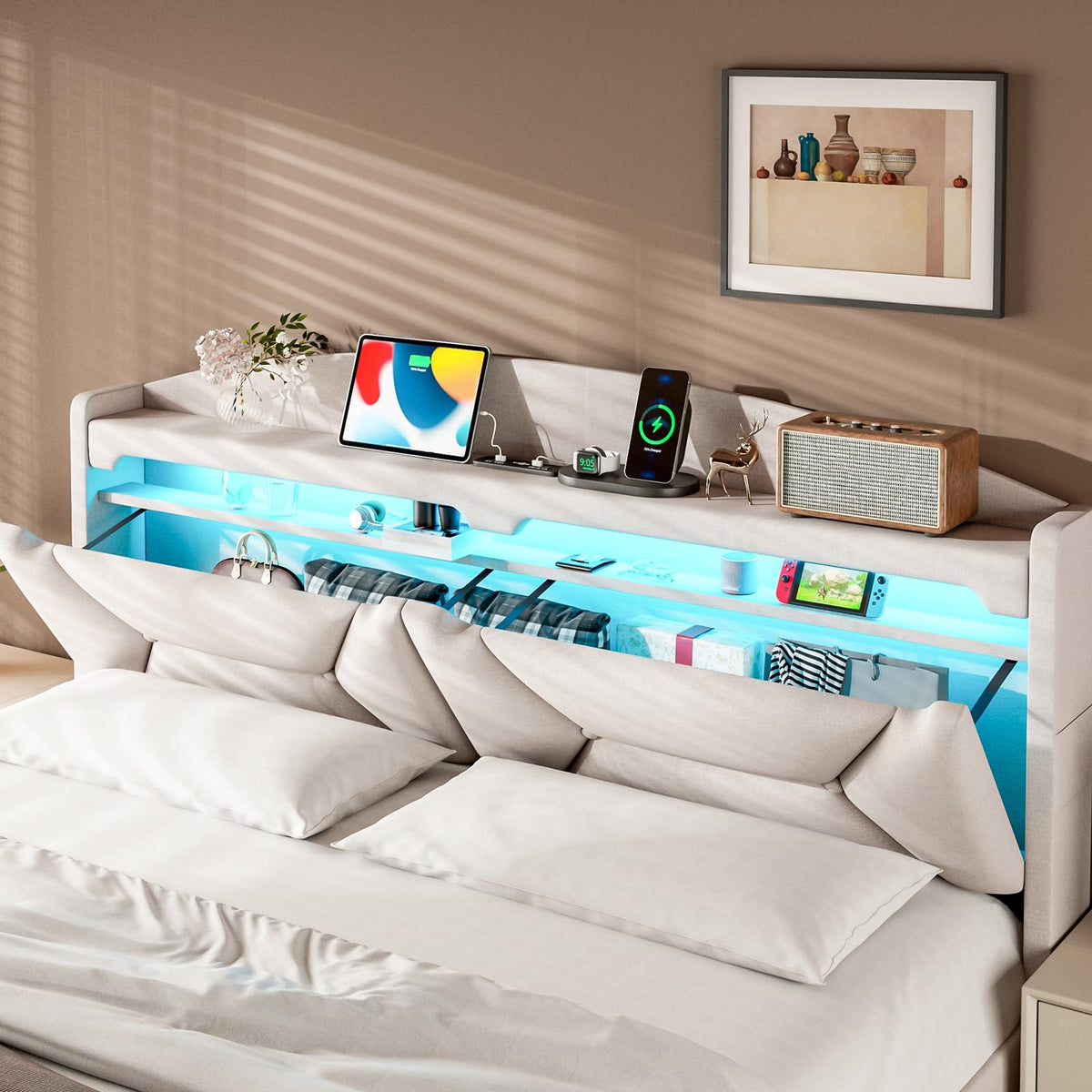 Cama 90x200 cm con Almacenamiento, Cama Individual con LED, Puertos USB y Type-C, Somier 90x200 Hidráulico, Camas Juveniles Camas Infantiles con Cabecero, Lino, Beige, Colchón No Incluido
