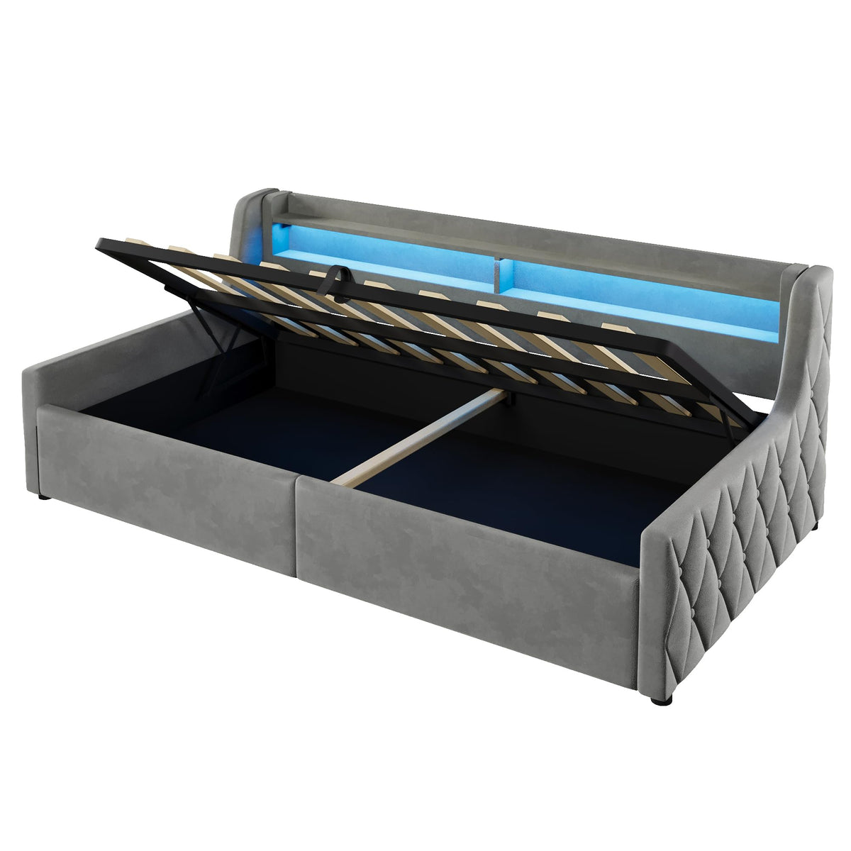 Cama con plataforma de terciopelo 90 x 200 cm, con espacio de almacenamiento hidráulico e iluminación LED (color crema, 90 x 200 cm)