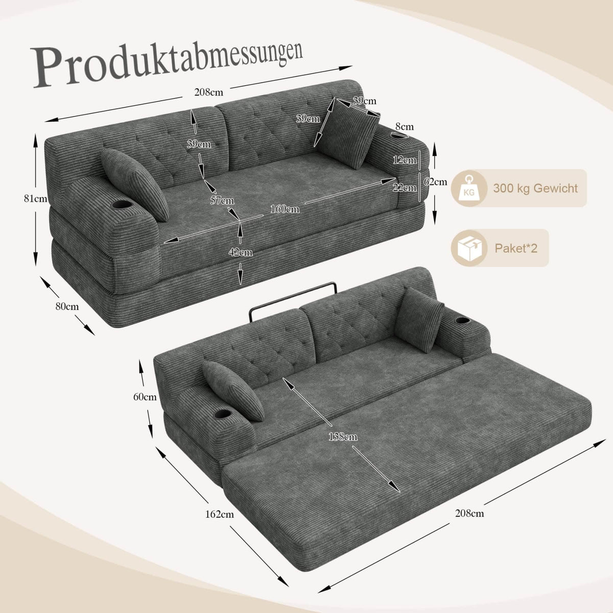 YEHTOKHOME - Sofá de Velor acanalado con respaldo alto y estructura metálica, sofá moderno de 2 plazas con 2 portavasos y 4 bolsillos laterales, para salón, dormitorio (Beige)