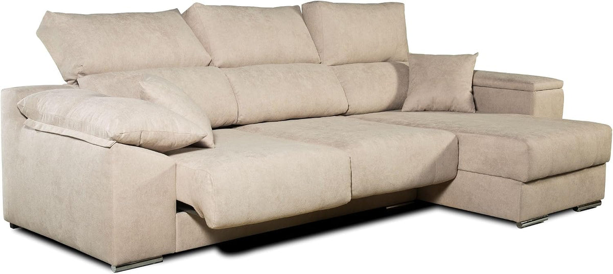 Sofá Chaise Longue Corsa Moderno y Contemporáneo | Confort Máximo con Asientos Deslizantes y Respaldos Reclinables | Tela Antimanchas Aqualine, Arcón de Almacenaje, Hecho en España – Beige Derecha