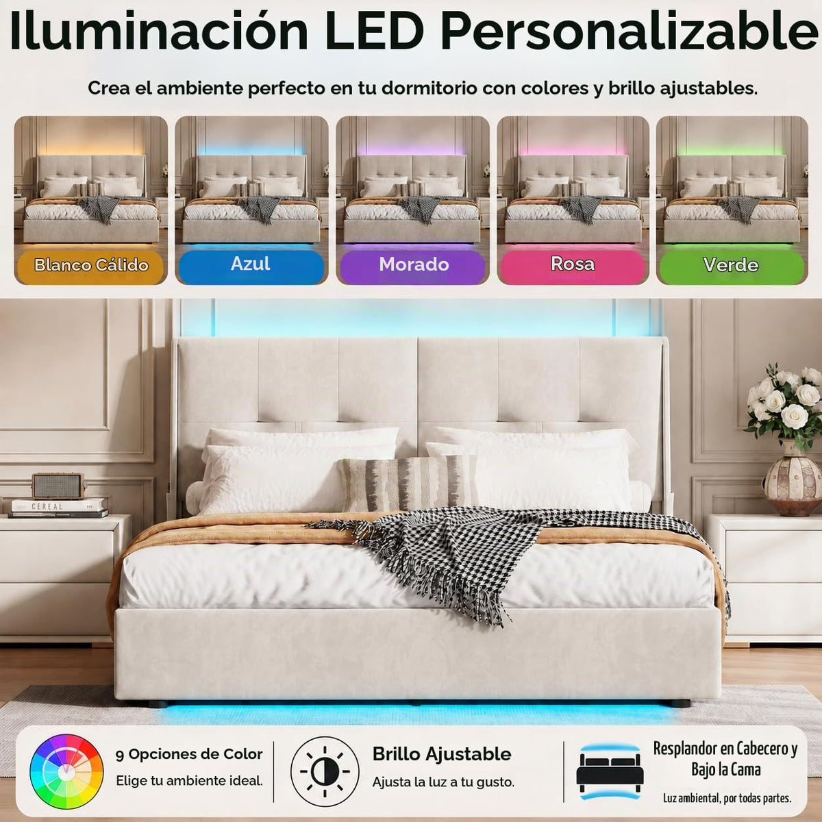 BRILVERDE Cama Tapizada 160x200 con Almacenamiento, Cama matrimonial con cajones, Cama Nido con LED, Cabecero Acolchado y Base de Láminas, Terciopelo (Beige, 160 x 200 cm)