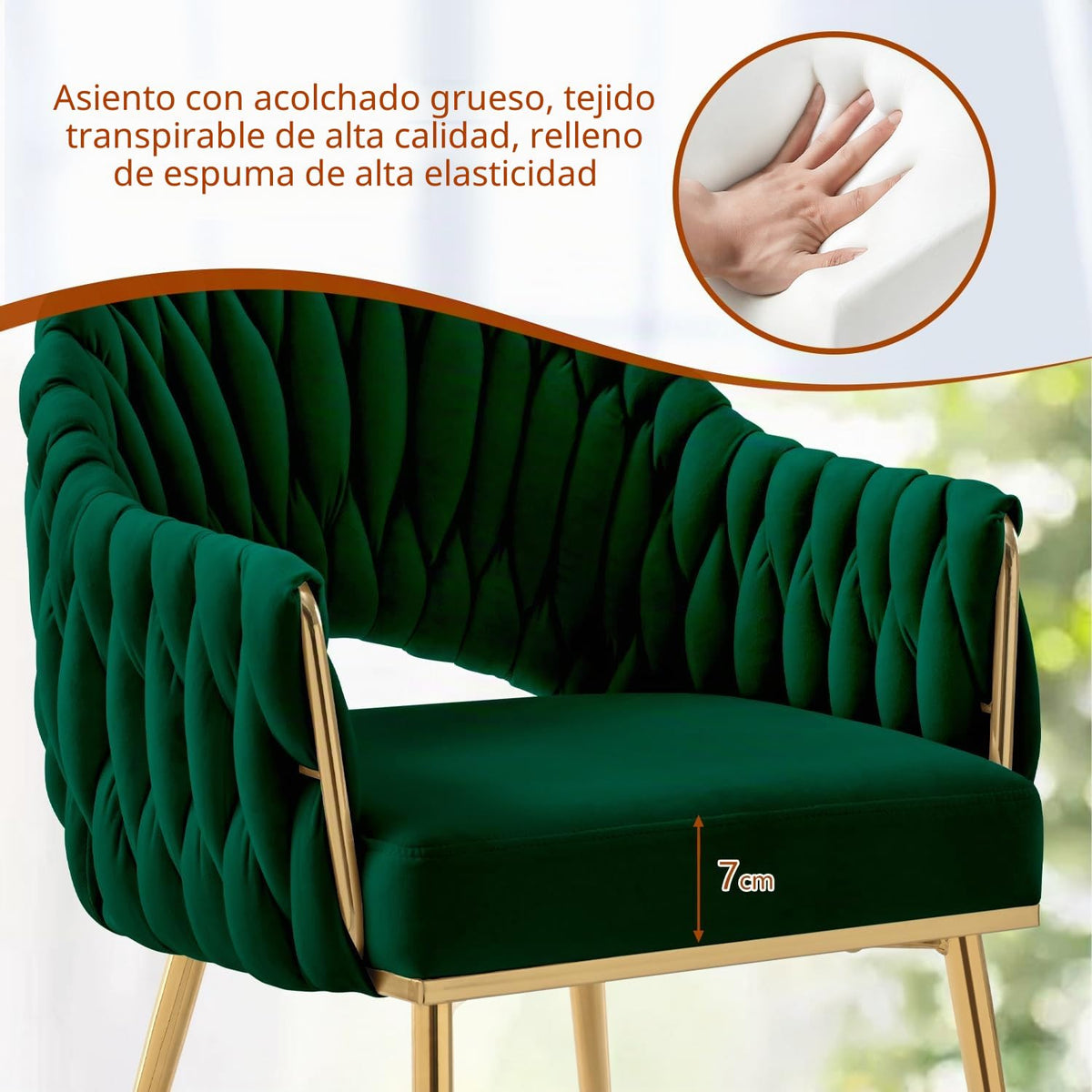 Juego de 4 sillas de comedor de terciopelo, sillones de salón, sillas de comedor con reposabrazos, sillas de cocina con respaldo alto trenzado a mano, silla de tocador con patas doradas