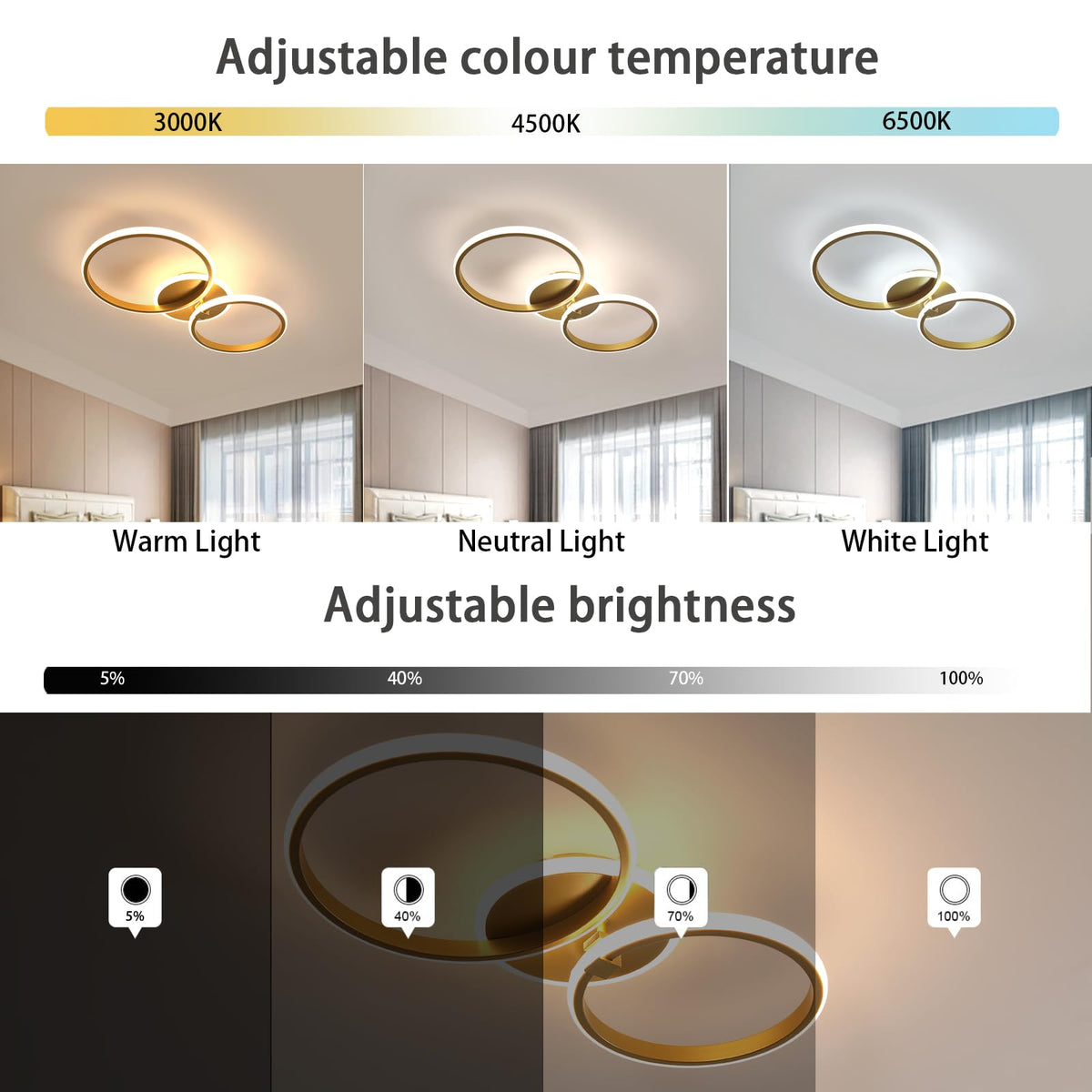 Riserva Plafon Techo LED Regulable 48W, Forma de Corazón, 3000K-6500K, Oro