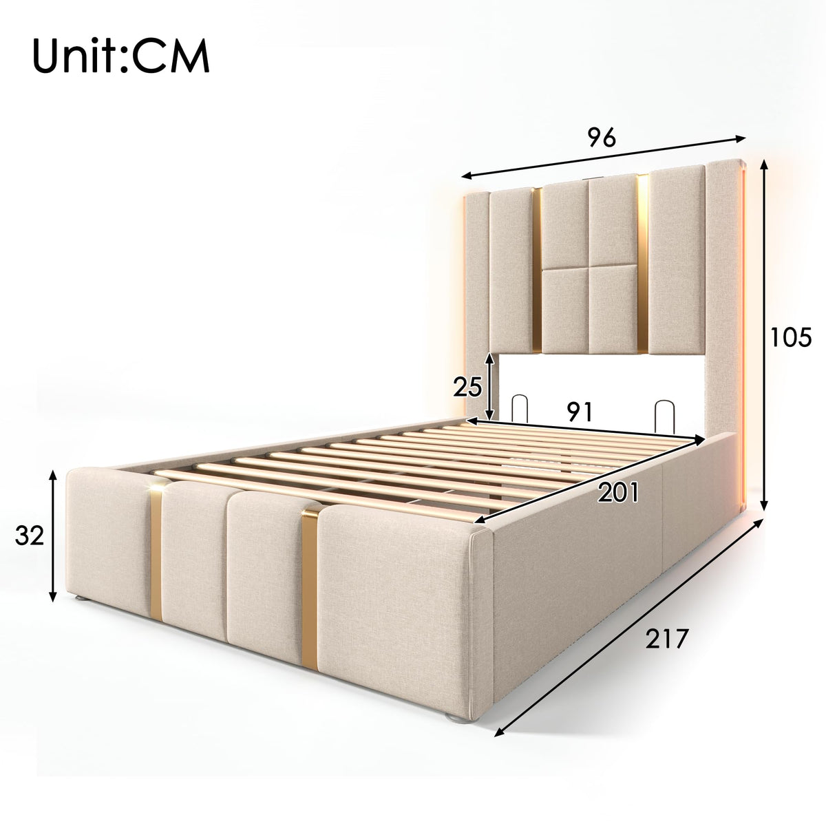 Cama tapizada doble USB tipo C función de carga APP Control LED 180 × 200 cm espacio espacio cama somier de láminas de madera, material de lino beige (sin colchón)