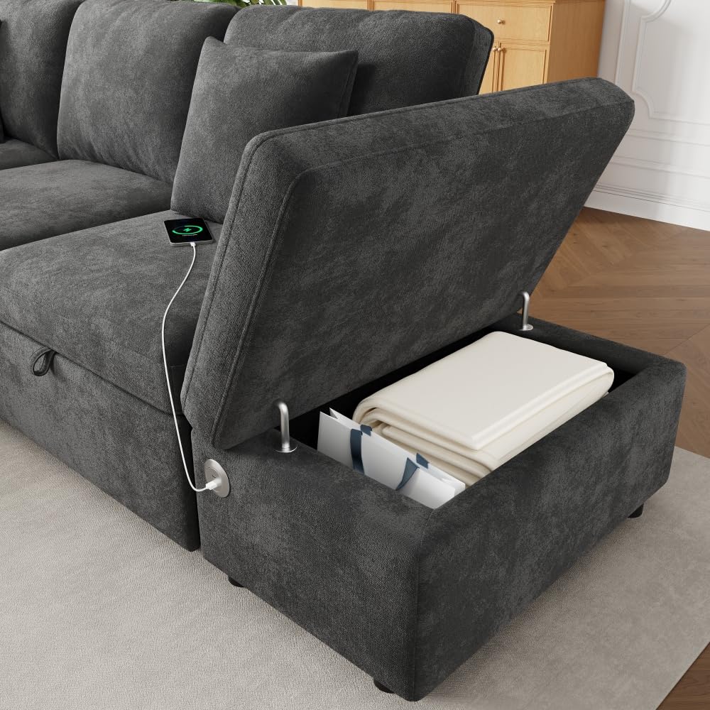 Sapgaks Sofá de esquina convertible de 6 plazas con USB, sofá convertible de 6 plazas, sofá de 6 plazas, en chenilla, con apoyabrazos en forma de librería, puf extraíble para configuraciones en L y en