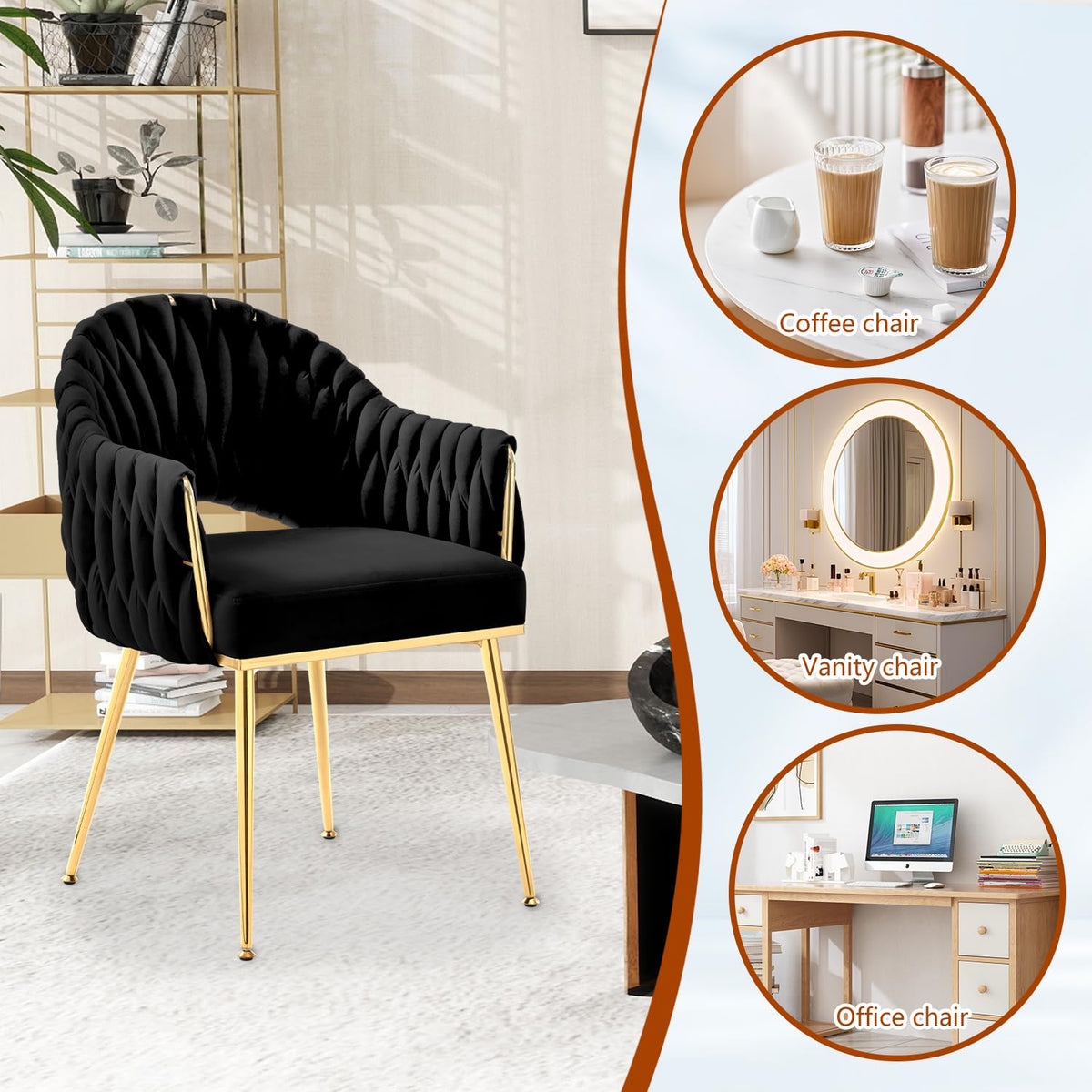 Juego de 4 sillas de comedor de terciopelo, sillones de salón, sillas de comedor con reposabrazos, sillas de cocina con respaldo alto trenzado a mano, silla de tocador con patas doradas