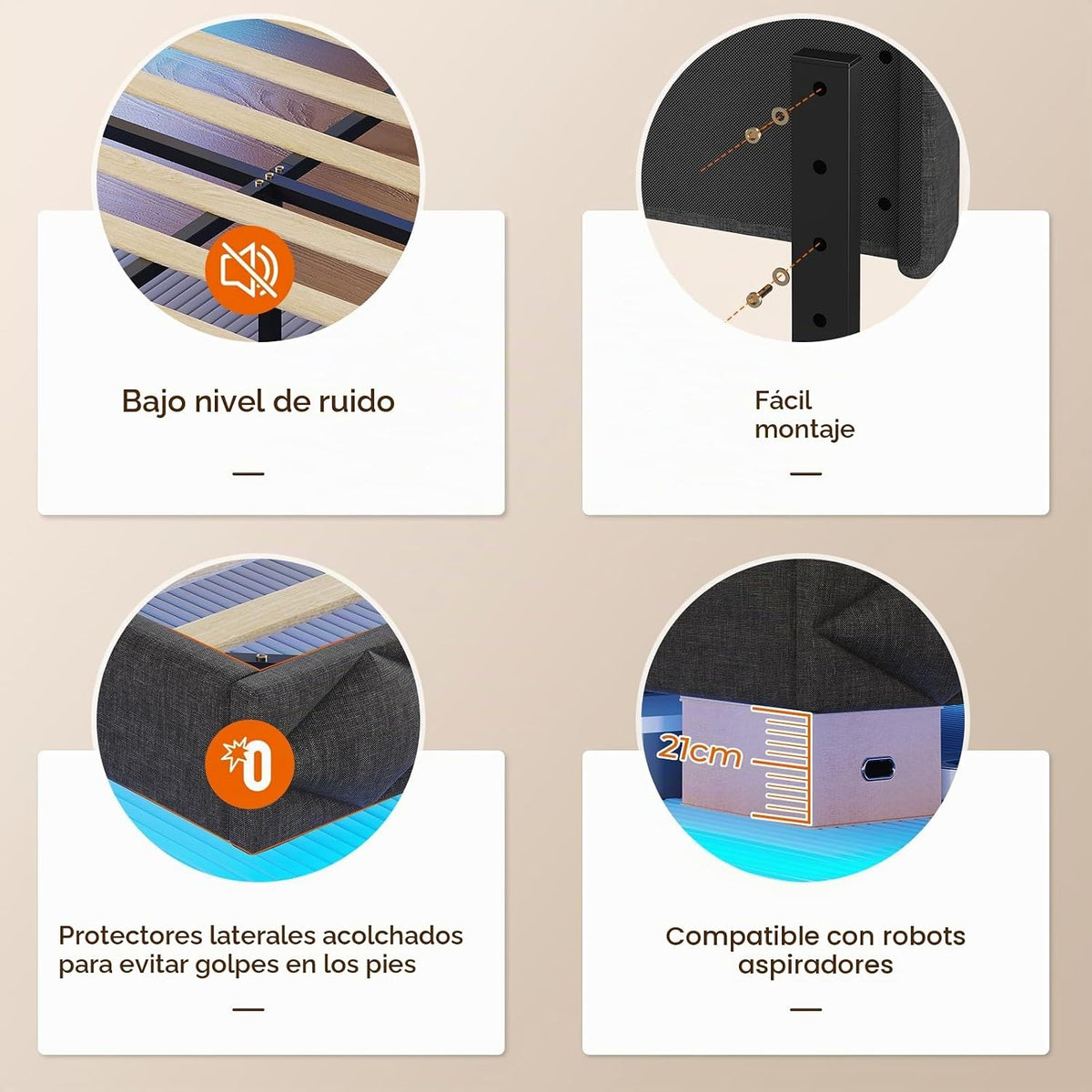 DICTAC Cama tapizada de 140 x 190 cm con carga USB e iluminación LED, cabecero con LED, cama doble con somier, cama juvenil, cama funcional, tela de lino, sin colchón