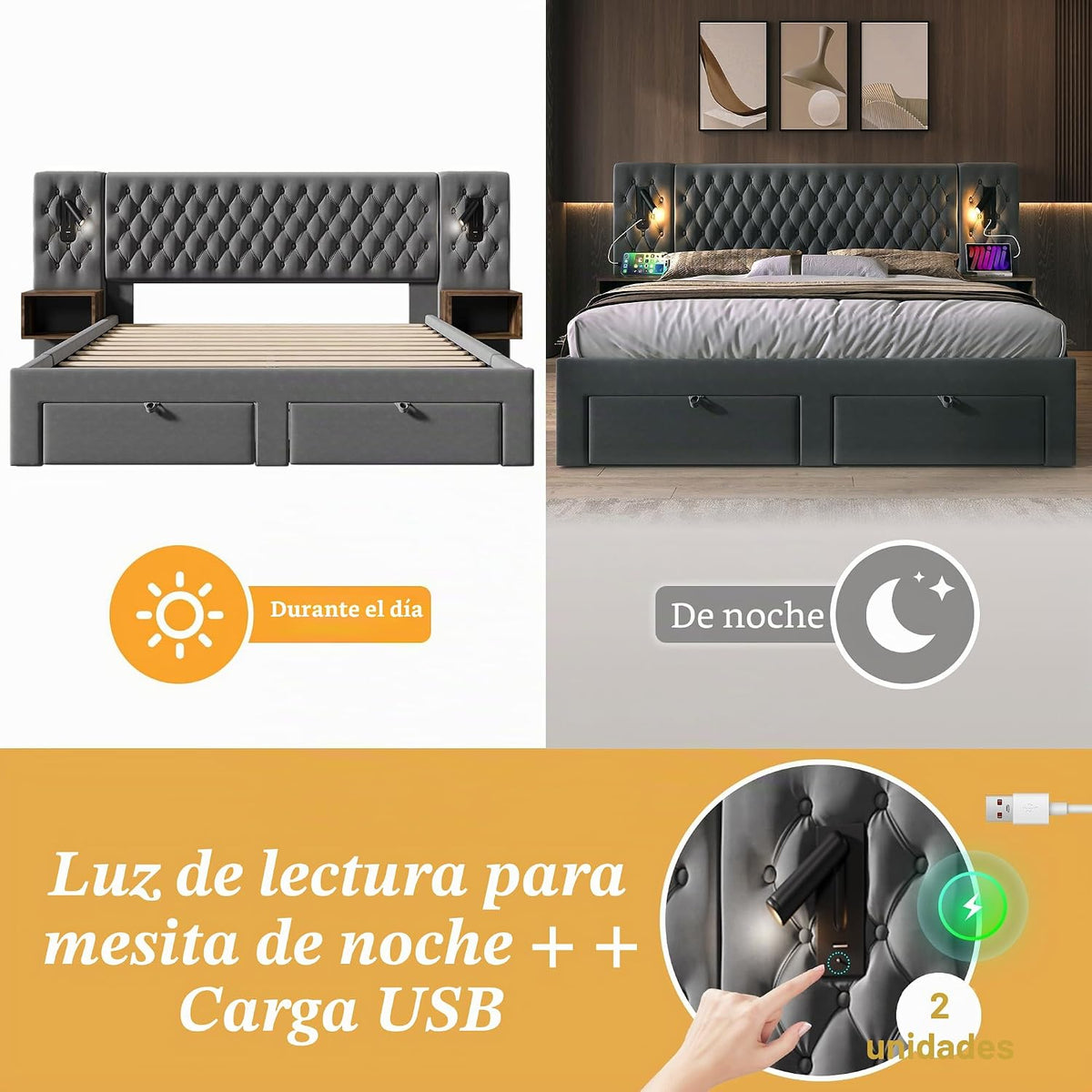Juego completo de cama para dormitorio, cama doble tapizada de 160 x 200 cm, con 2 mesitas de noche y 4 cajones, cabecero de luz de lectura con función de carga USB, terciopelo, sin colchón
