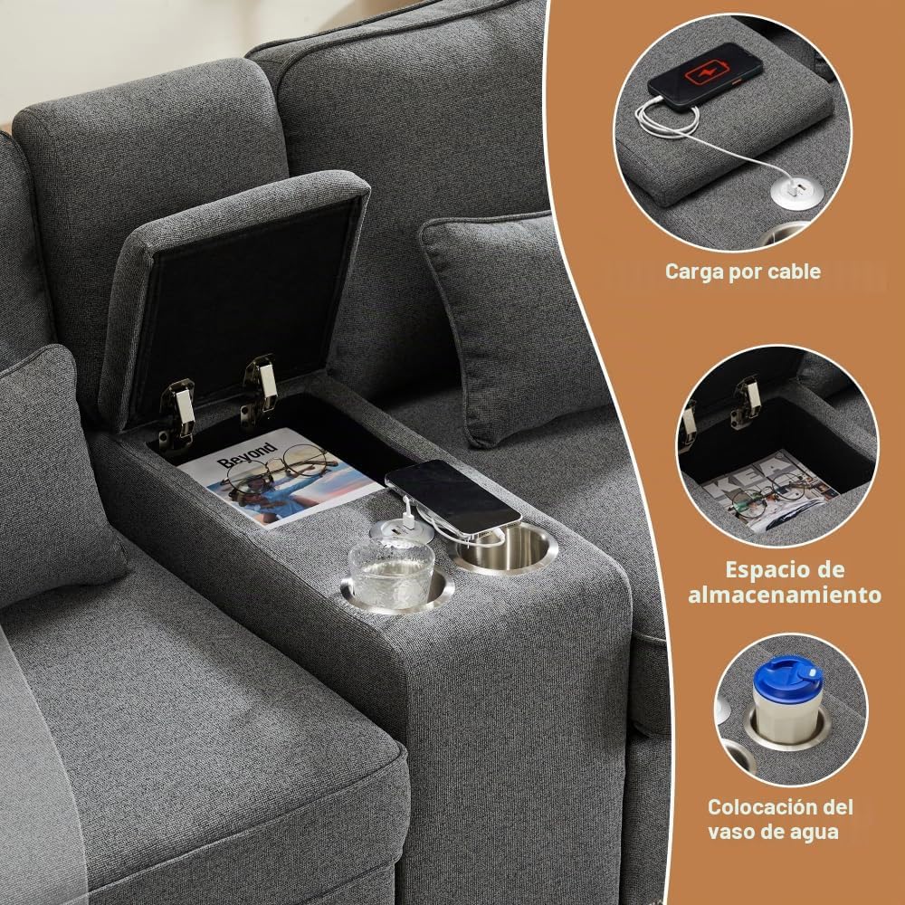 Lubvtti Sofá moderno de 4 plazas con bolsillos para reposabrazos y 4 cojines, con consola, 2 portavasos y 2 enchufes USB, de lino, adecuado para muchas ocasiones (Dark Gris+USB)