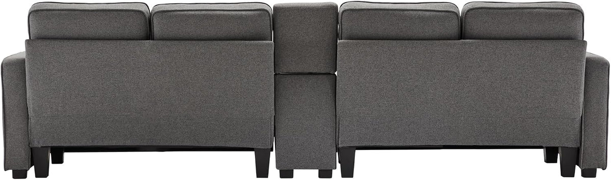 Sofá moderno de 4 plazas, en tejido de lino, soporte para bebidas, 2 puertos de carga USB con cable, bolsillos en reposabrazos y 4 cojines, sofá sencillo para sala de estar
