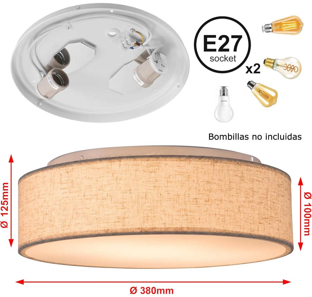 Plafón de Techo Redondo de Tela 38 cm, Pantalla Textil con 2 Casquillo E27 (40W máx.) Lámpara de Techo para Salón, Dormitorio, Pasillo o Habitación Infantil,Sin bombilla (Taupe, 38)