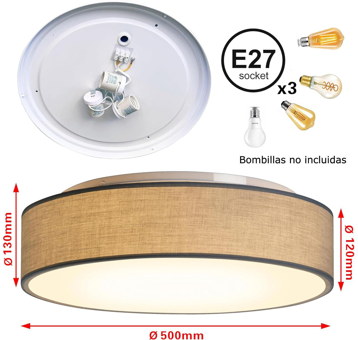 Plafón de Techo Redondo de Tela 38 cm, Pantalla Textil con 2 Casquillo E27 (40W máx.) Lámpara de Techo para Salón, Dormitorio, Pasillo o Habitación Infantil,Sin bombilla (Taupe, 38)