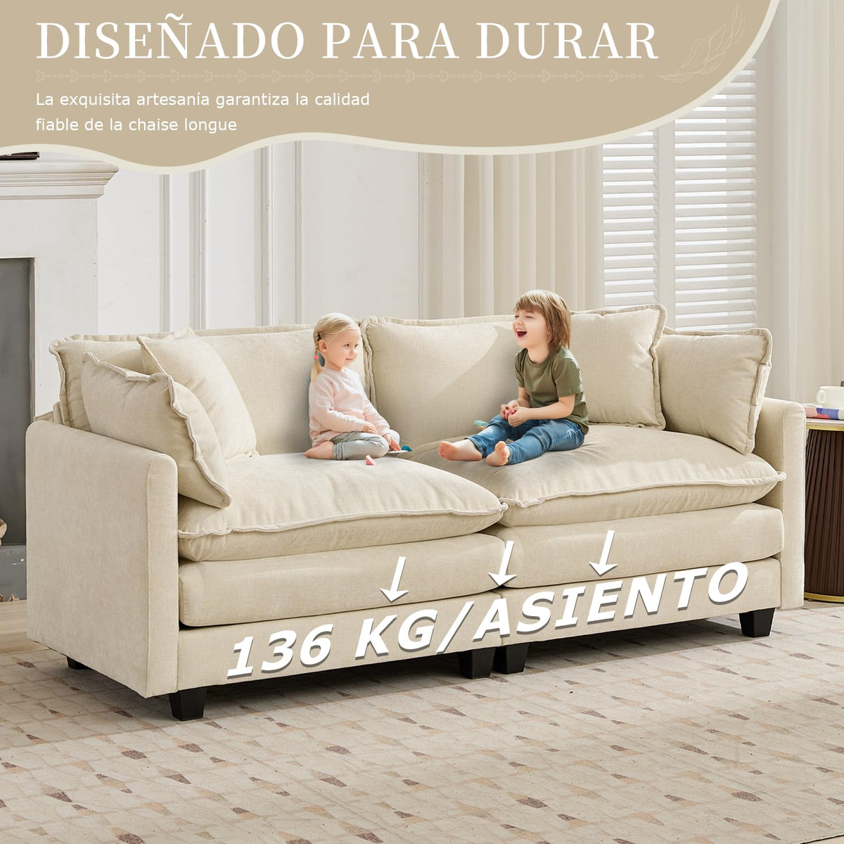 Sofá de salón modular 4 plazas 380cm, chenilla azul con cojines dobles