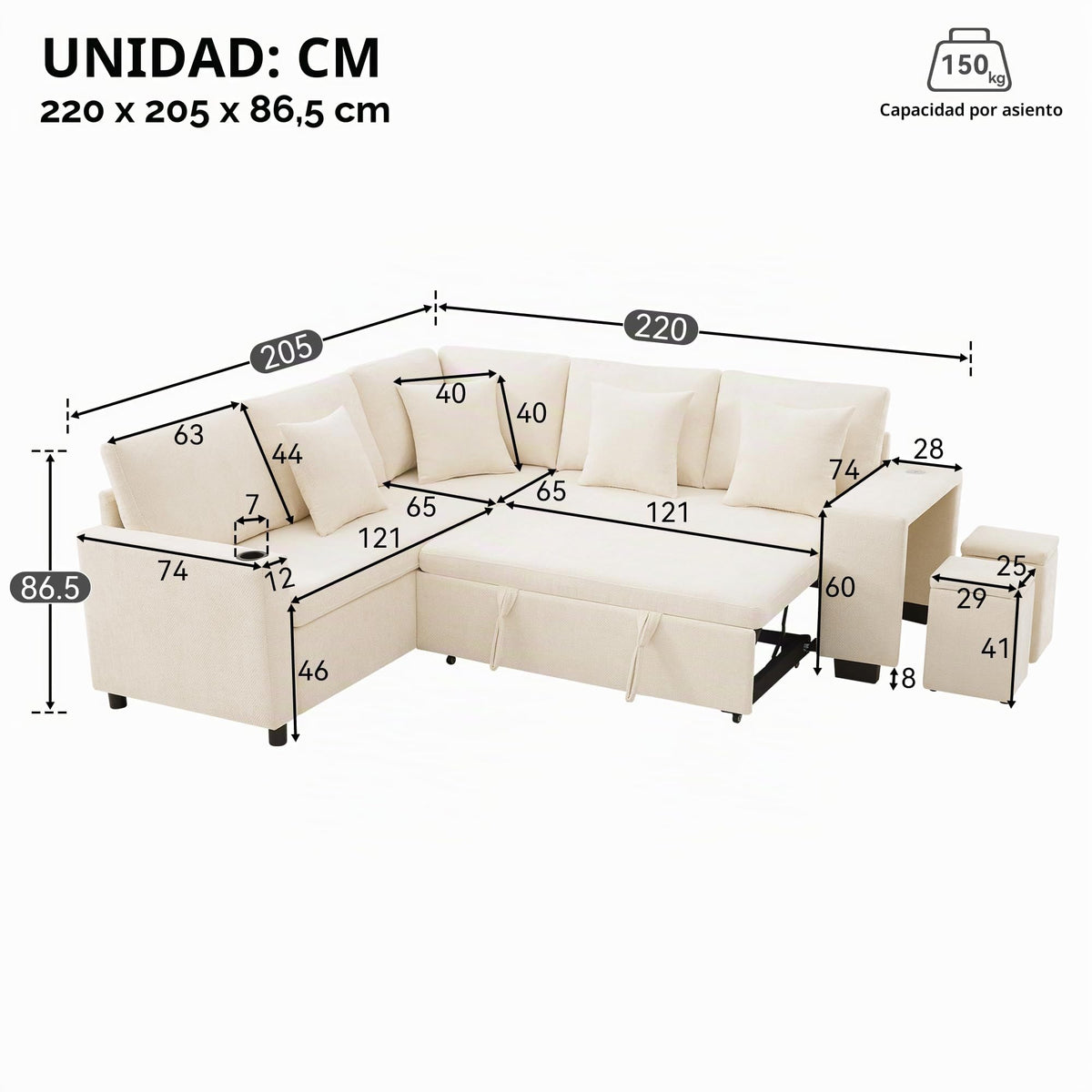 Sofá moderno de chenilla en forma de U con chaise longue, sofá esquinero de 4 plazas con espacio de almacenamiento, puerto USB y tipo C, modular, con soporte para bebidas y cojines suaves