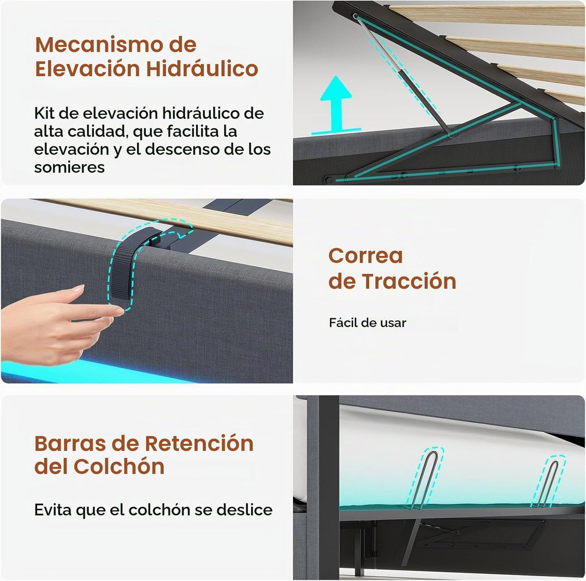 AOGLLATI Camas Matrimoniales 140x190 cm con Almacenamiento Hidráulico, Cama Canapé con Cabecero Ajustable, Estructura de Cama con Luces LED y Estación de Carga (USB y Tipo-C), Gris Oscuro