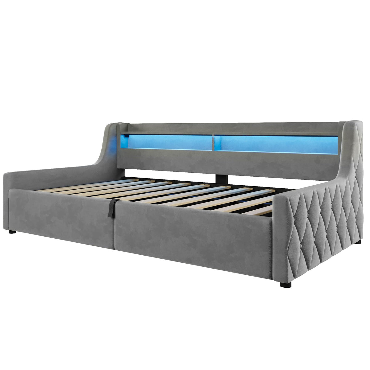 Cama con plataforma de terciopelo 90 x 200 cm, con espacio de almacenamiento hidráulico e iluminación LED (color crema, 90 x 200 cm)