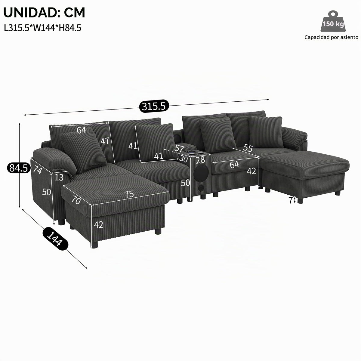 Sofá modular de 6 plazas, sofá esquinero en forma de L/U, puertos USB/tipo C, portavasos y espacio de almacenamiento, tela de chenilla, 7 cojines, salón, dormitorio y oficina, color beige