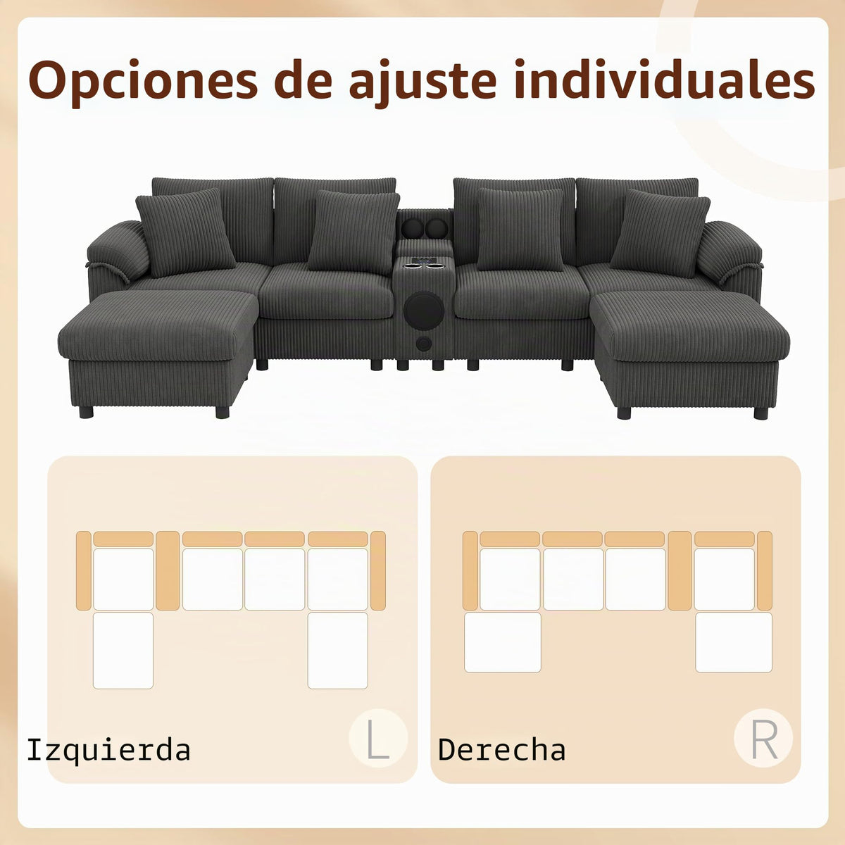 Sofá modular de 6 plazas, sofá esquinero en forma de L/U, puertos USB/tipo C, portavasos y espacio de almacenamiento, tela de chenilla, 7 cojines, salón, dormitorio y oficina, color beige