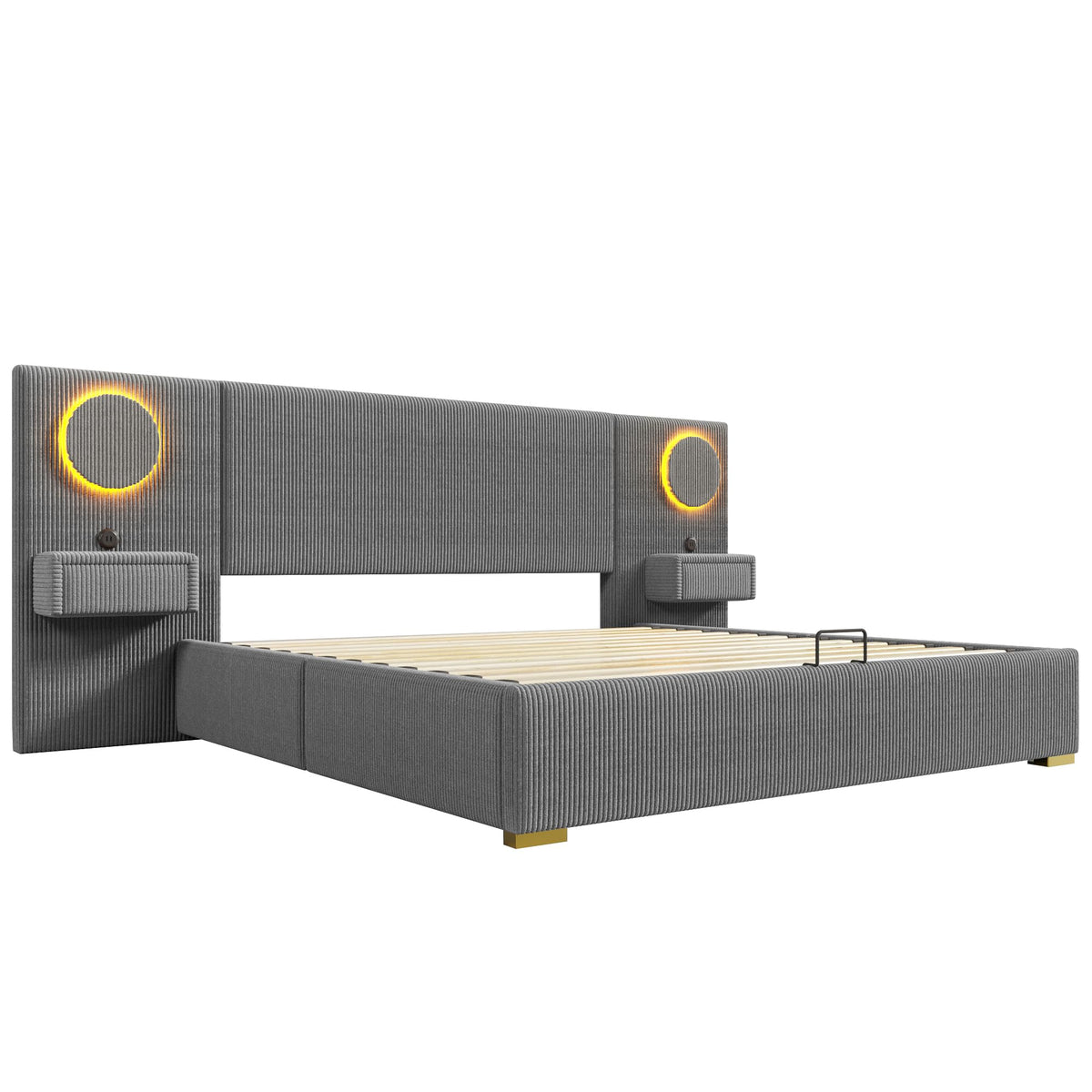 Moimhear Cama tapizada de terciopelo, cabecero LED, conectores USB, almacenamiento hidráulico