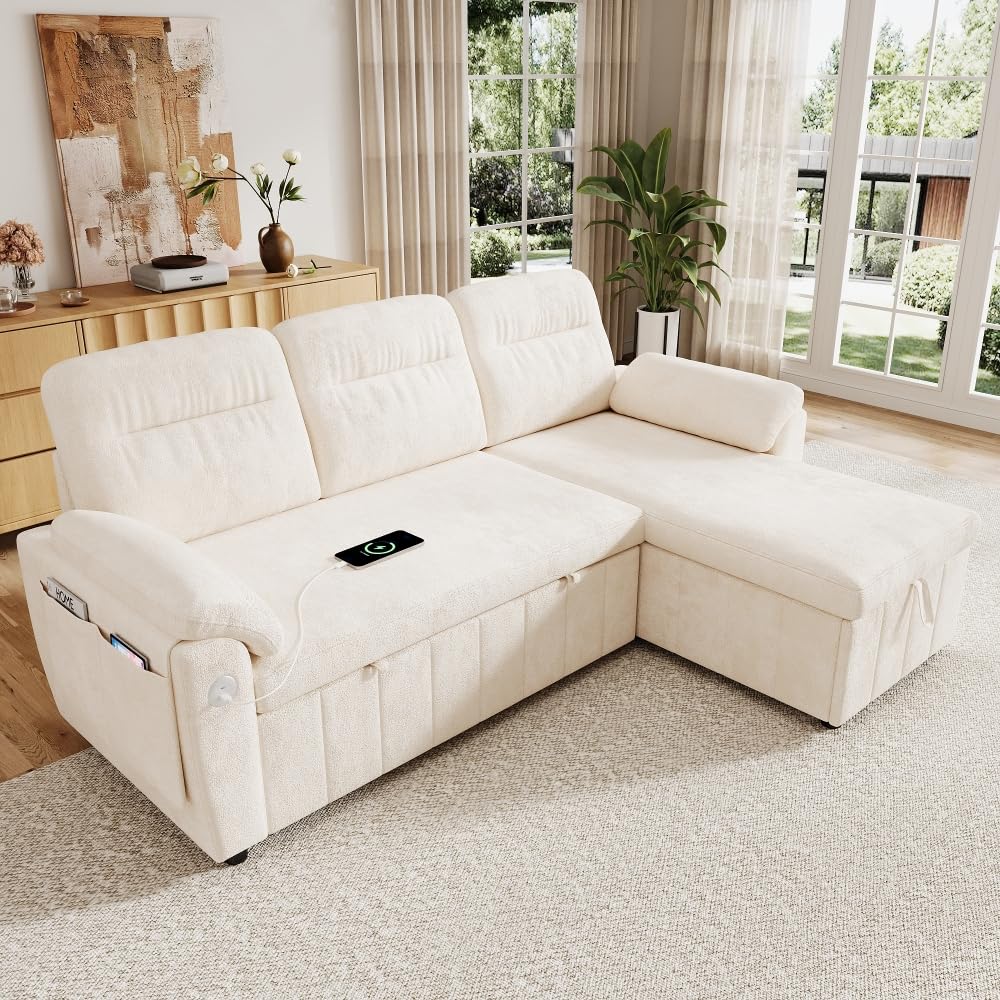 Bladez Sofá cama extensible en forma de L de lino con espacio de almacenamiento, soporte para bebidas, sofá modular de 3 plazas para salón (gris)